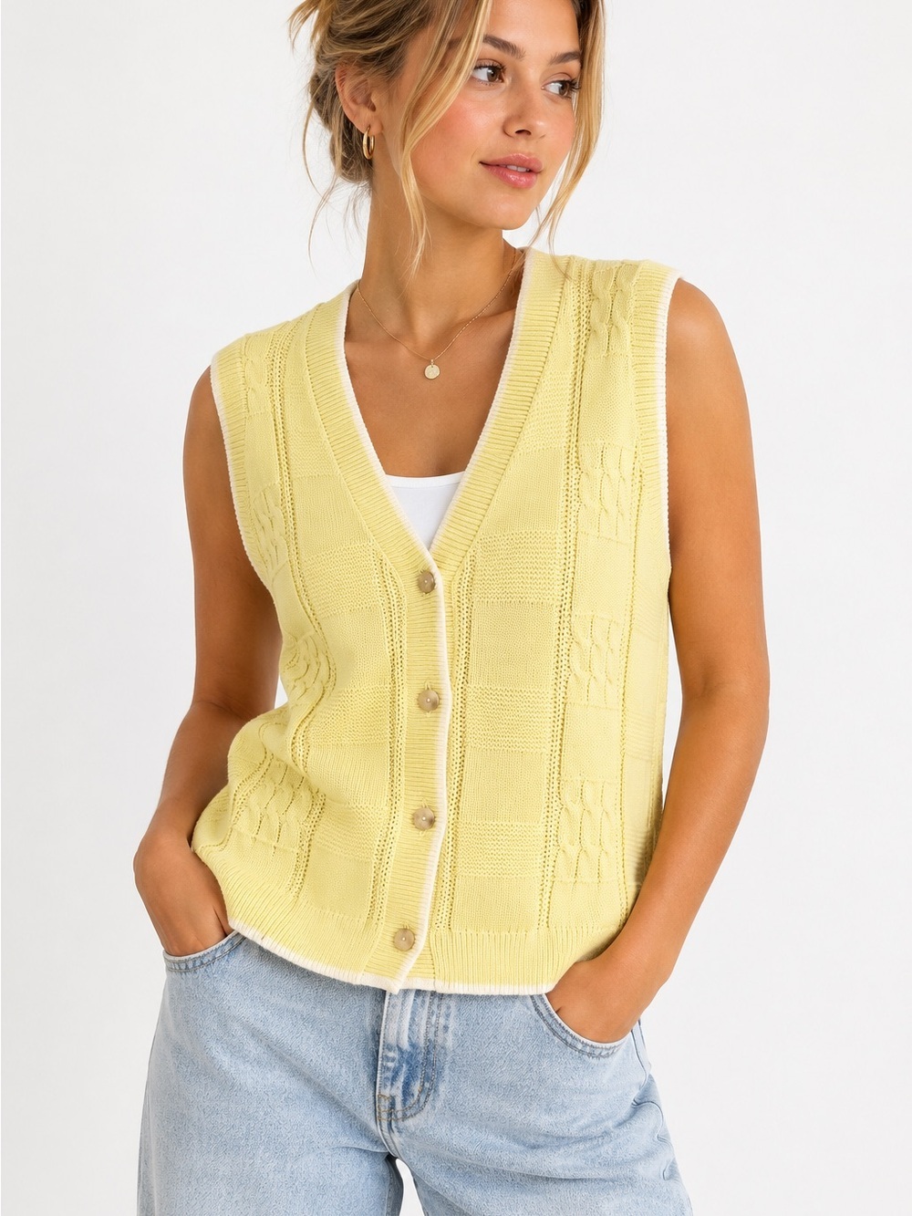 Tna Aritzia Yellow Cable Knit Button Front Sweater Vest SP22 Preppy Y2K